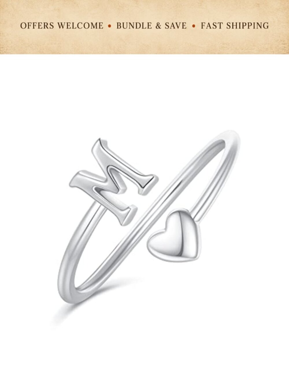Dainty Heart Initial Stackable Open Ring White Gold Plated Brass Gift
